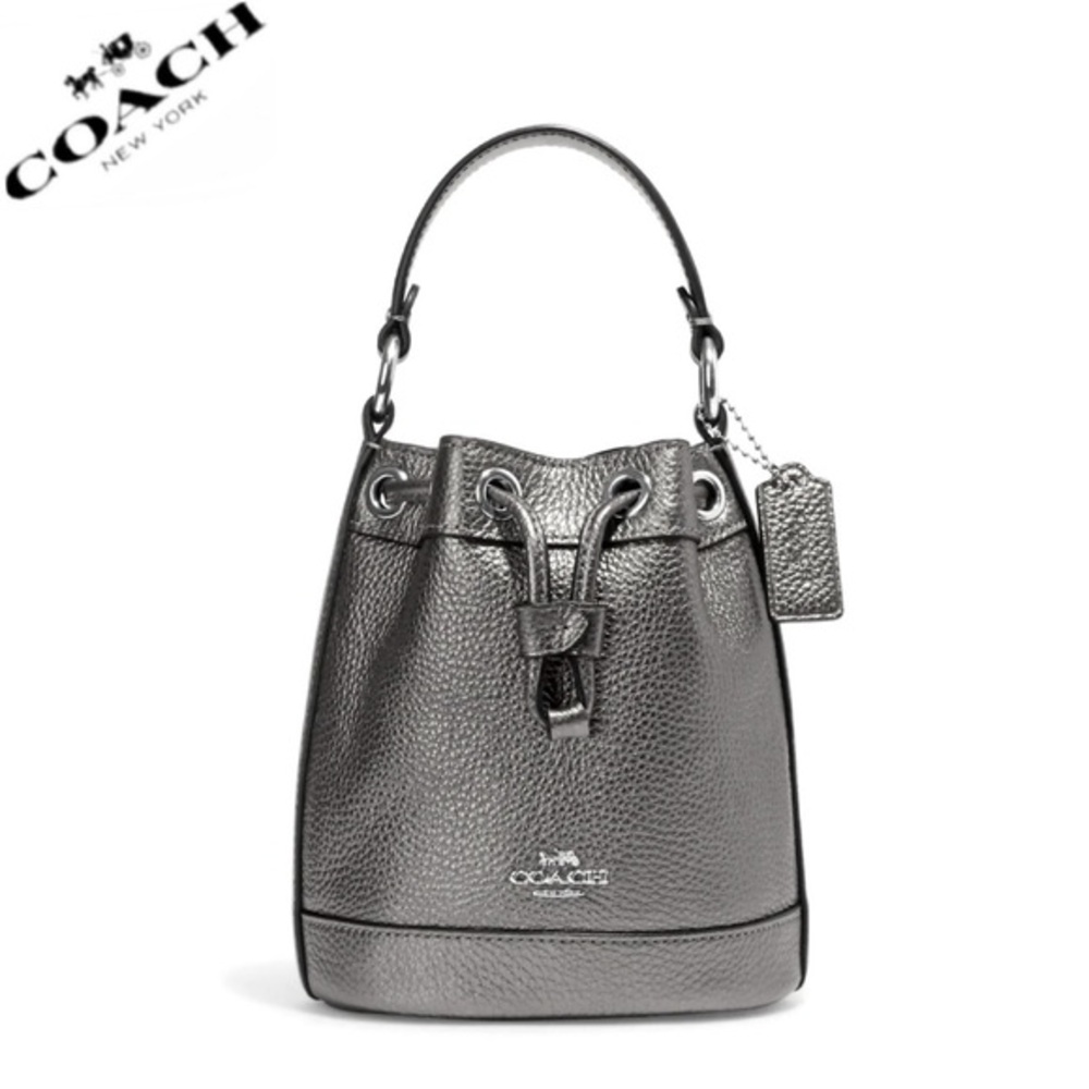 NWT COACH DEMPSEY DRAWSTRING BUCKET BAG 15 IN SILVER/METALLIC GUNMETAL CROSSBODY